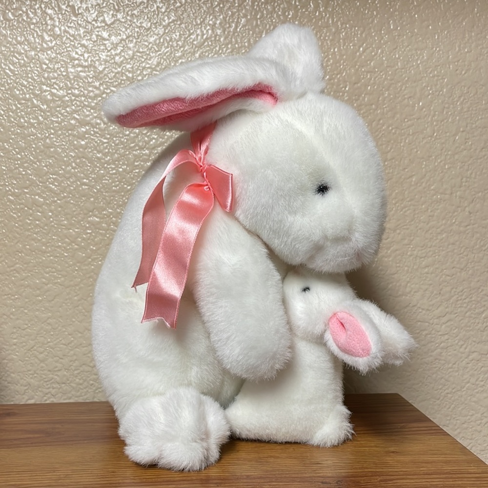 MTY International Mother & Child Love Easter Bunny Plush  Whit Pink Ears  & Bow